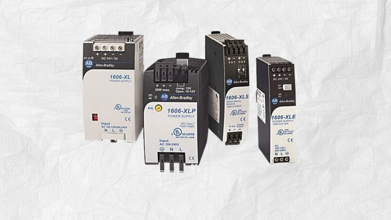 Allen-Bradley 1606 Power Supplies lineup including XLS, XLP, and XLE units on DIN rail