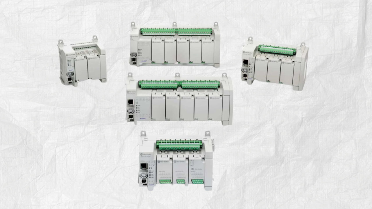 Allen-Bradley Micro800 PLC family including Micro810, Micro820, Micro830, Micro850, and Micro870 controllers with plug-in modules