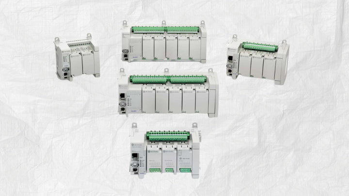 Allen-Bradley Micro800 PLC family including Micro810, Micro820, Micro830, Micro850, and Micro870 controllers with plug-in modules