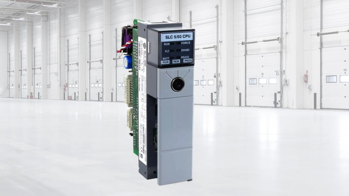 Allen-Bradley SLC 5/03 CPU module used in legacy industrial automation systems with RS-232 communication