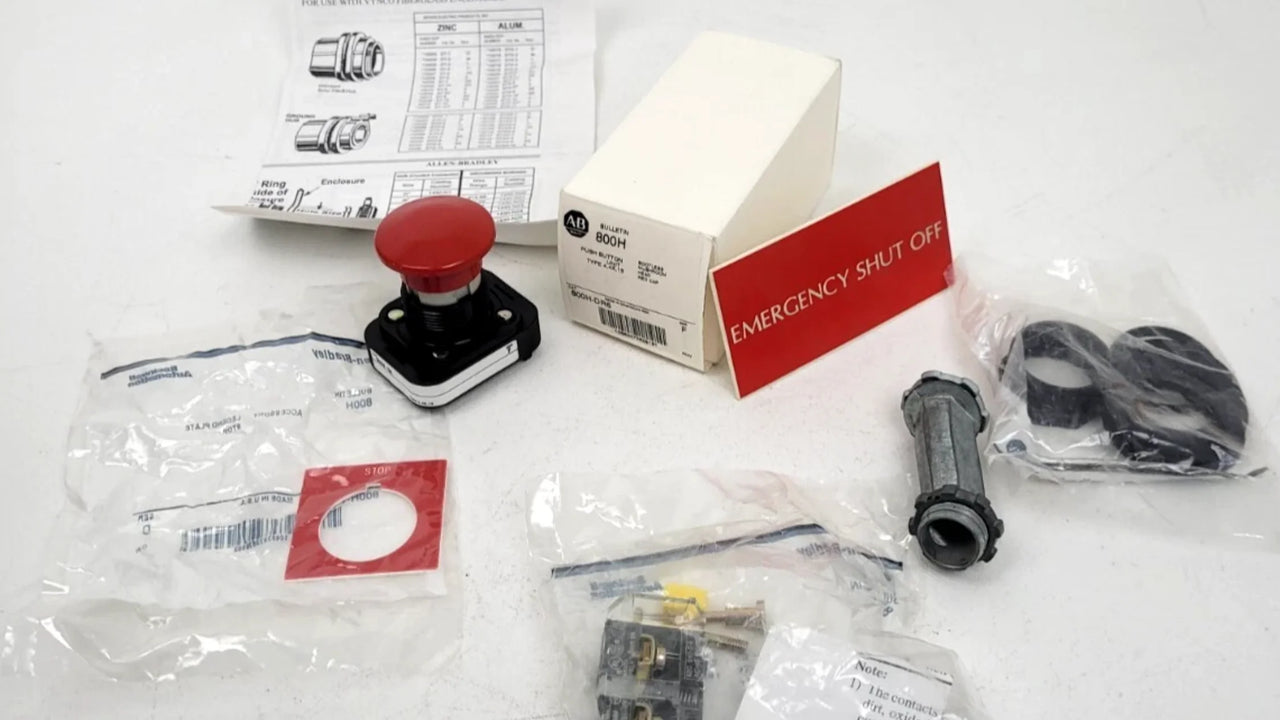 Allen-Bradley 800T accessories including contact blocks, legend plates, and light modules for industrial control stations