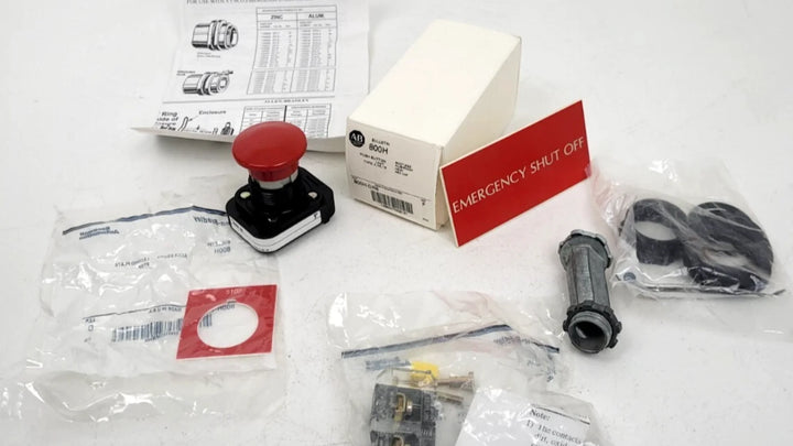 Allen-Bradley 800T accessories including contact blocks, legend plates, and light modules for industrial control stations