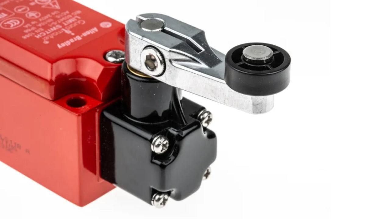 Allen-Bradley Guardmaster 440P safety limit switches with plunger, roller, and lever actuators for industrial machine safety