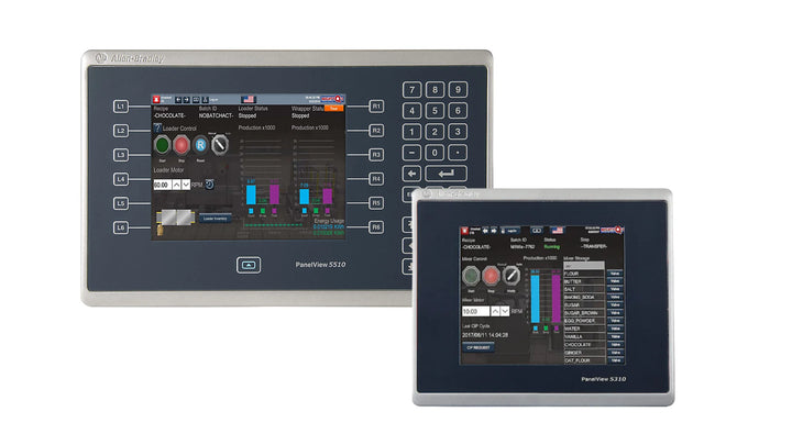 Allen-Bradley PanelView 5310 HMI operator interface with gauge and control buttons, industrial automation display.
