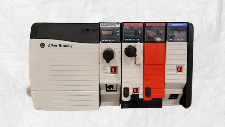 Allen-Bradley Safety ControlLogix controller 1756-L85ES with red safety indicators installed in 1756 chassis