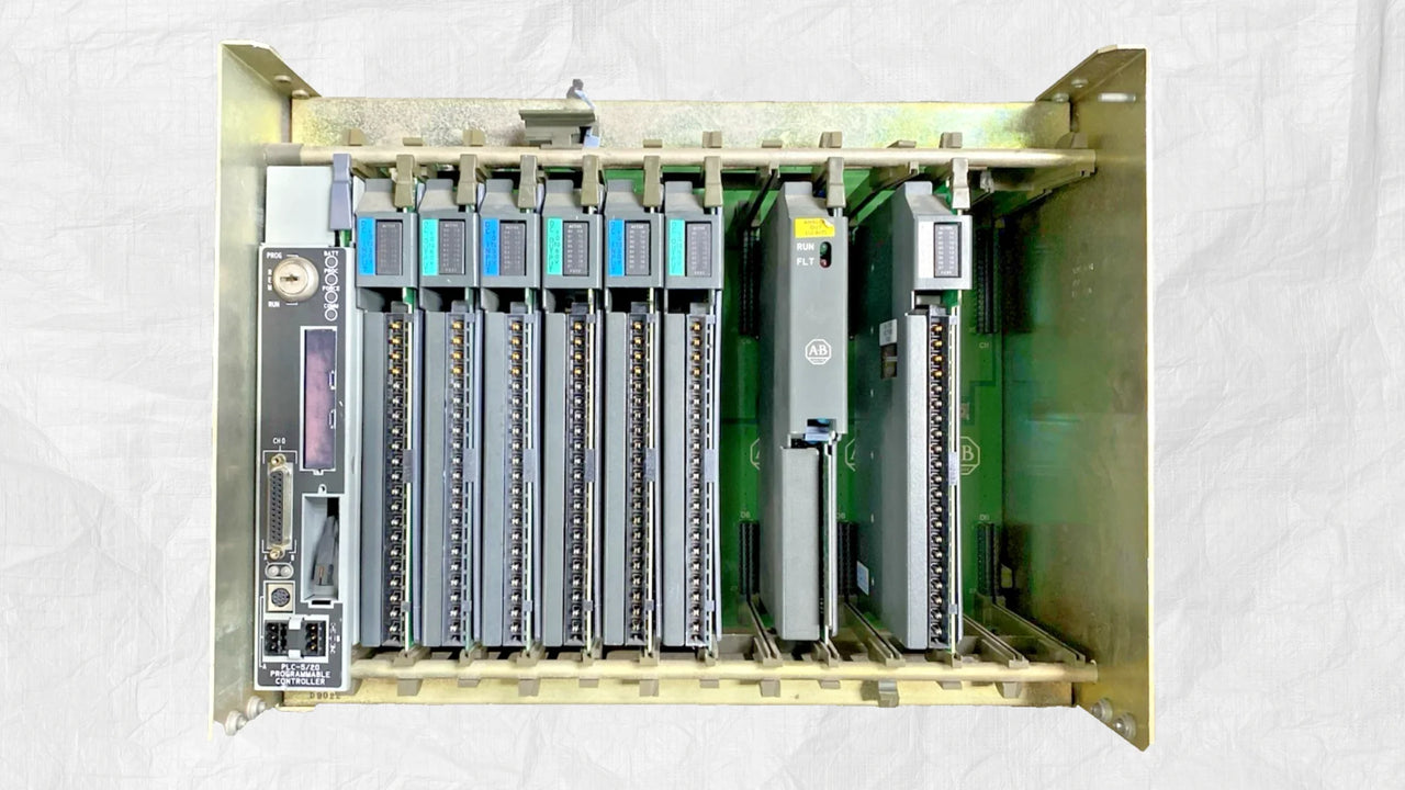 Modular Allen-Bradley PLC-5 controller with processor, power supply, and I/O cards installed in a rack