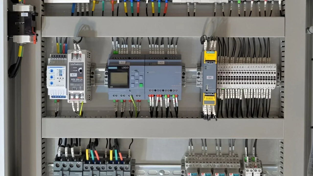 Control panel with Siemens LOGO! PLC modules and wiring for compact automation systems