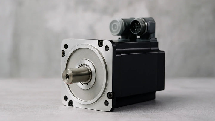 Close-up of Allen-Bradley Kinetix MPL and VPL servo motors on industrial background, highlighting motor housing and connectors