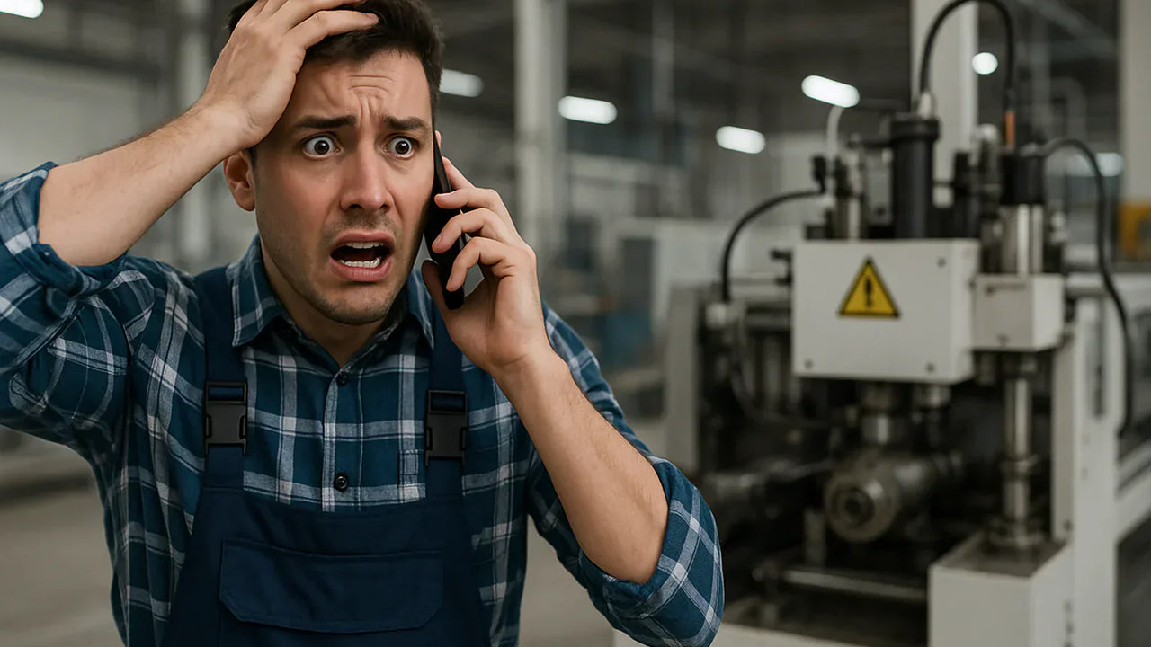 Factory worker stressed about Allen-Bradley machine downtime, urgent call for replacement part, ddpartssolution