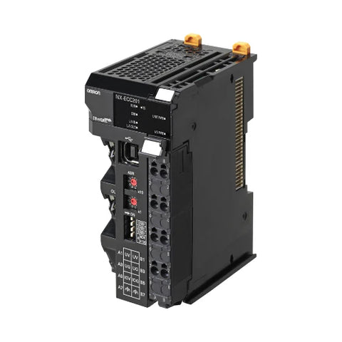 Omron NX-series I/O System modules including EtherNet/IP, digital I/O, analog I/O, temperature, load cell, position interface, RFID, and safety units