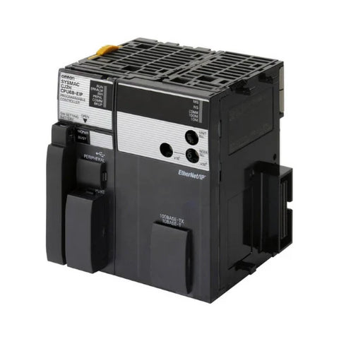 Omron PLCs for industrial automation including CJ2M, CP1L, CP2E, and NJ series controllers