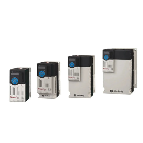 PowerFlex 527 AC drives by Allen Bradley, showcasing different models and sizes of the drives.