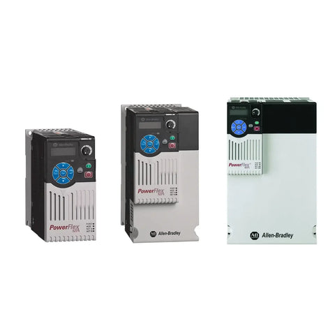Image of PowerFlex 523 AC Drives by Allen Bradley showcasing three different models.