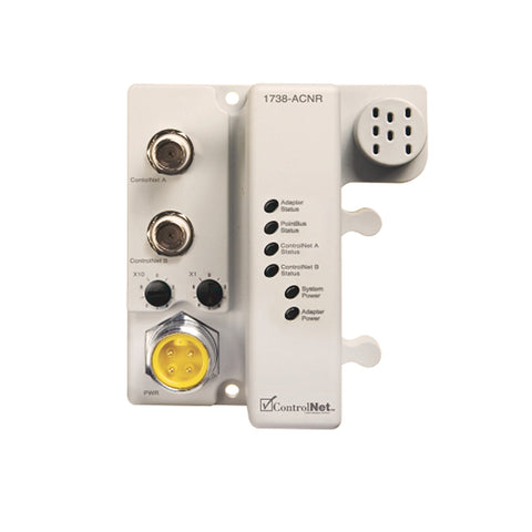 Allen-Bradley 1738-ACNR ArmorPoint ControlNet adapter with redundant TNC connectors, IP67-rated for industrial environments.