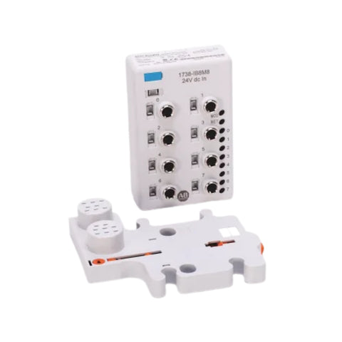 Allen-Bradley 1738-IB8M8 ArmorPoint 8-point sinking input module, 24V DC, with 8 M8 Pico connectors, IP67-rated.