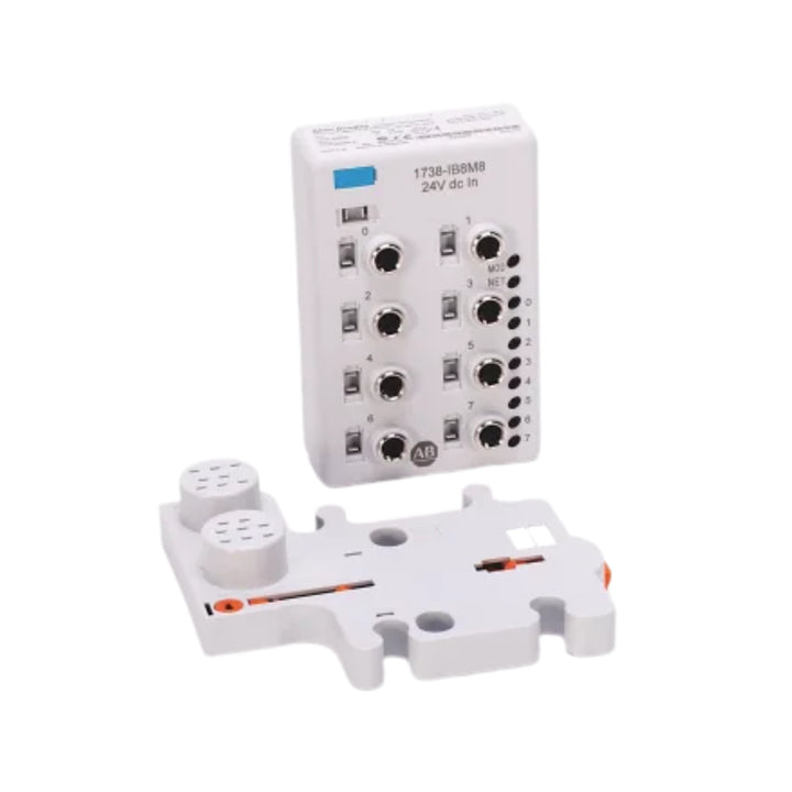 Allen-Bradley 1738-IB8M8 ArmorPoint 8-point sinking input module, 24V DC, with 8 M8 Pico connectors, IP67-rated.