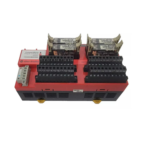 Allen-Bradley 1791DS-IB4XOW4 safety I/O module, 4 input/4 output, CompactBlock Guard I/O for distributed industrial safety control.
