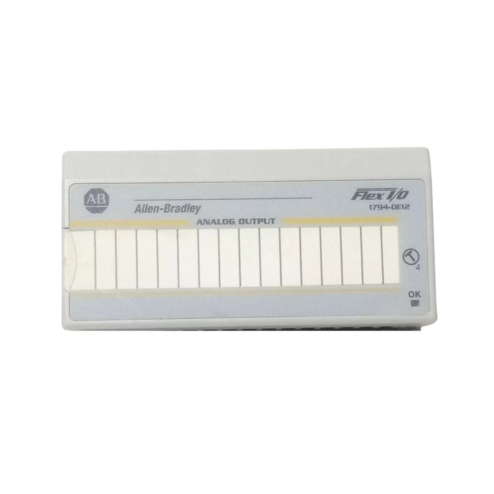 Allen-Bradley 1794-OE12 FLEX I/O analog output module with 12 single-ended outputs, ±10V, 16-bit resolution, 24V DC powered.