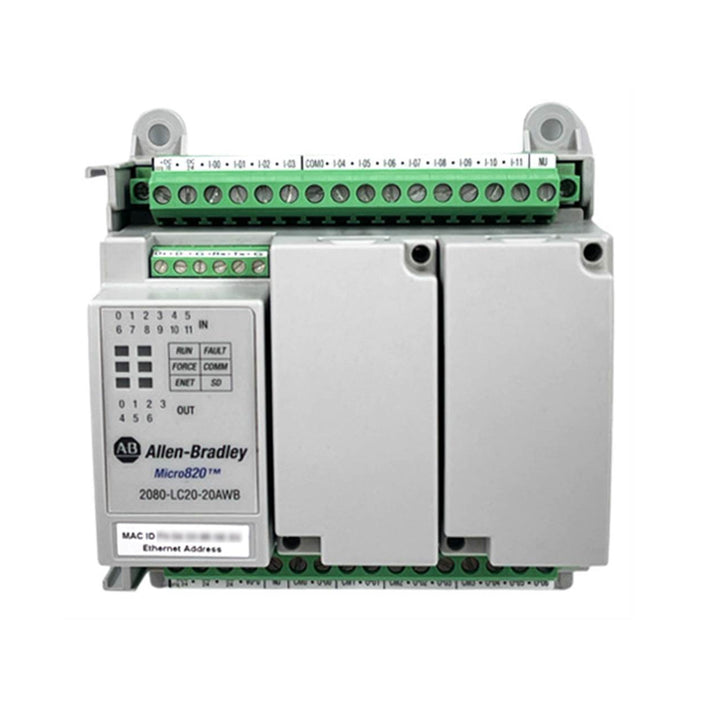 Allen-Bradley 2080-LC20-20AWBR Micro820 PLC, 8 AC inputs, 7 relay outputs, analog I/O, Ethernet, 24V DC