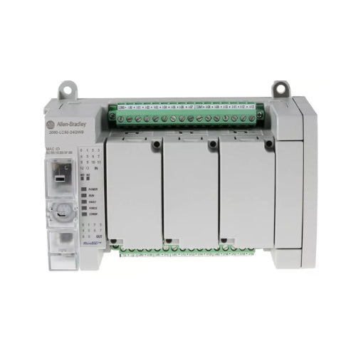 Allen-Bradley 2080-LC50-24QWB Micro850 PLC with 24 I/O, EtherNet/IP, relay outputs, high-speed counters, and expansion support for compact control systems.
