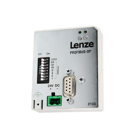 Lenze 2133 IB PROFIBUS-DP communication module with RS485 interface and DIP switch addressing for industrial automation systems.