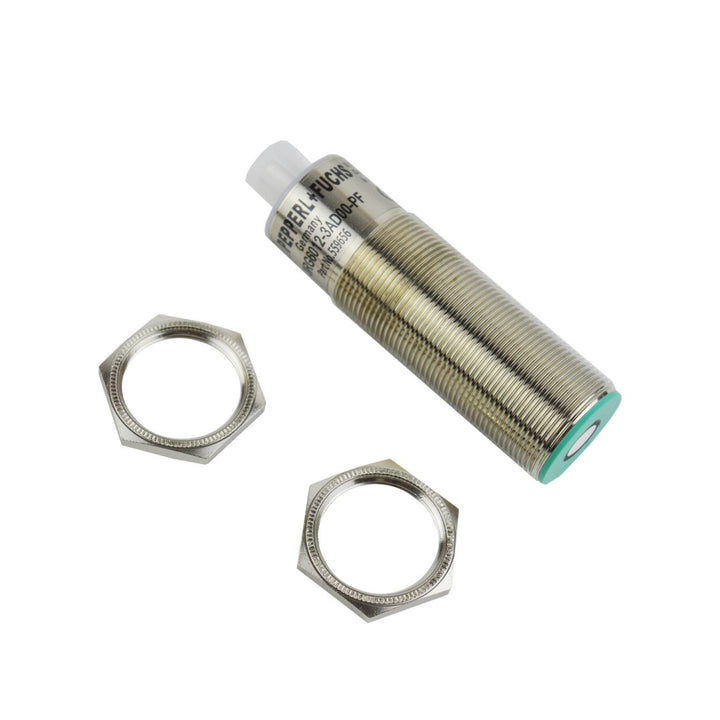 Pepperl+Fuchs 3RG6012-3AD00-PF M30 ultrasonic proximity sensor with 60–300 mm range, PNP NO output, and IP65-rated nickel-plated brass housing.