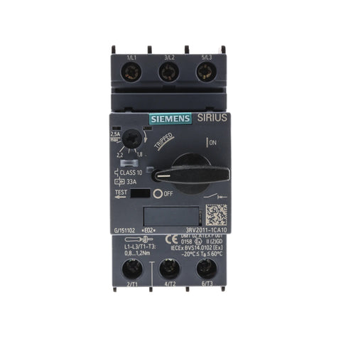 Siemens 3RV2011-1CA10 SIRIUS overload relay for motor protection in industrial systems.