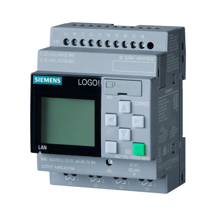 Siemens 6ED1052-1MD08-0BA0 LOGO! AM2 analog module, 2 AI, 0–10V, 12/24V DC, DIN rail, IP20.