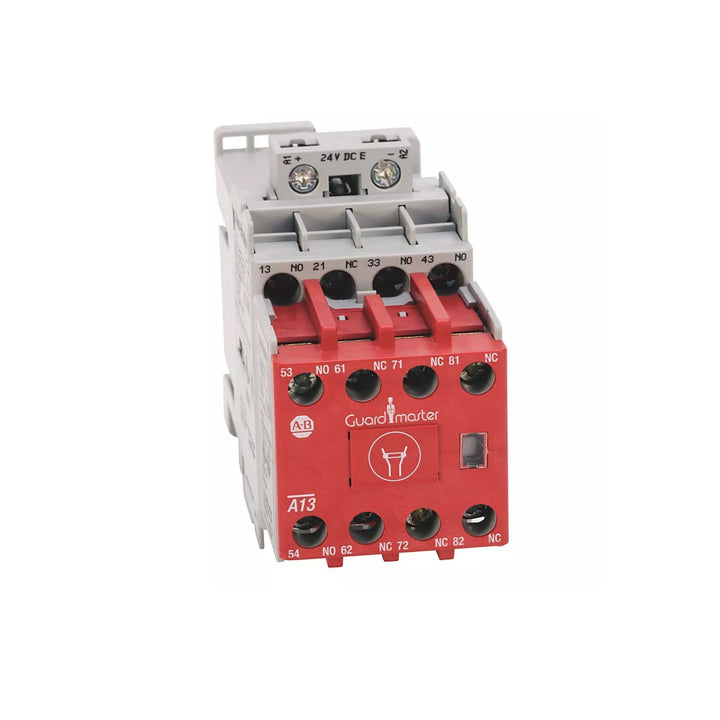 Relé de segurança industrial Allen-Bradley 700S-CF440EJBC com contatos auxiliares e montagem em trilho DIN.