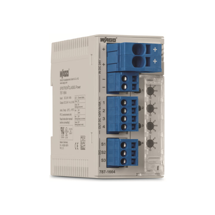 WAGO 787-1664 4-channel electronic circuit breaker, 24 VDC, up to 10 A, NEC Class 2, DIN-rail mount