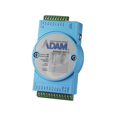 Advantech ADAM-6017 Ethernet analog input module with 8 AI and 2 DO channels for industrial data acquisition.
