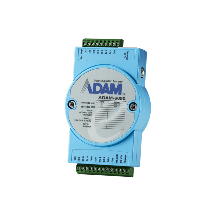 Advantech ADAM-6050 Ethernet I/O module with 12 digital inputs and 6 digital outputs for industrial control.