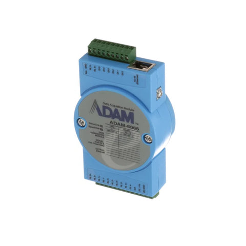 Advantech ADAM-6066 Ethernet I/O module with 6 digital inputs and 6 relay outputs for industrial control.