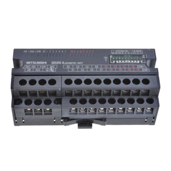 Mitsubishi AJ65SBTB1-16DT CC-Link remote I/O module, 8 digital inputs and 8 transistor outputs, DIN rail mountable.