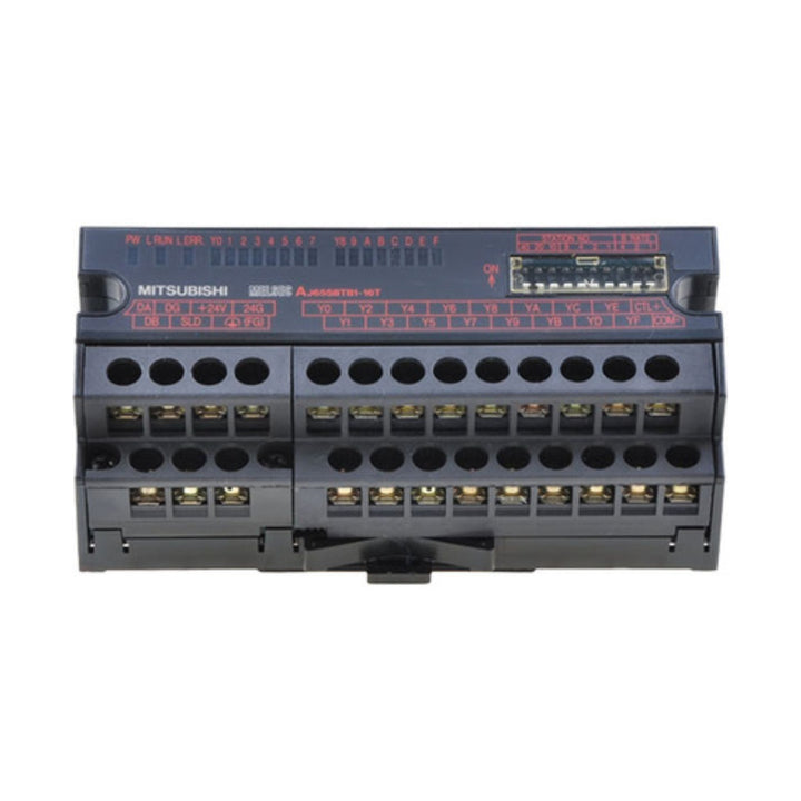Mitsubishi AJ65SBTB1-16T output module, 16-point transistor sink type, 24V DC, CC-Link remote I/O, compact design for cabinet installation.