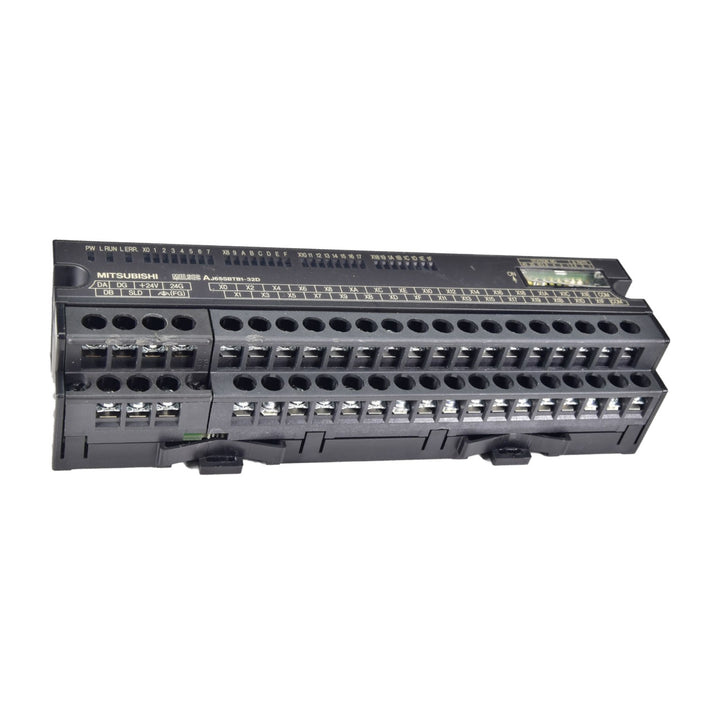 Mitsubishi AJ65SBTB1-32D, 32-point input module, 24V DC sink type, CC-Link slave, with terminal block wiring.