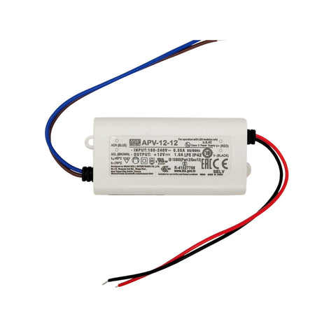 Mean Well APV-12-12 LED driver, 12 W, 12 V DC, 1 A, compact and reliable for indoor LED lighting and signage.