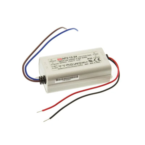 Mean Well APV-12-24 LED driver, 12 W, 24 V DC, 0.5 A, compact and reliable for LED lighting and low-power applications.
