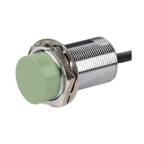 Autonics CR30-15DN capacitive proximity sensor with 15 mm range and M30 nickel-plated brass housing.