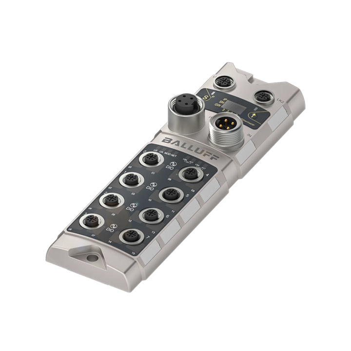 Balluff BNI006A IO-Link module with 8 M12 configurable digital I/O ports for rugged automation environments.