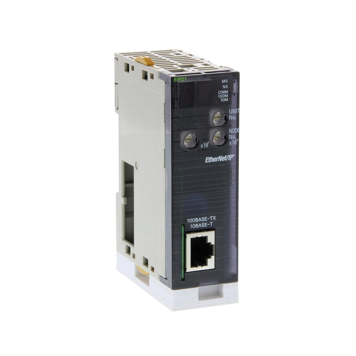 Omron CJ1W-EIP21 EtherNet/IP communication module with 100Base-TX, enabling fast and reliable Ethernet networking for CJ series PLCs.