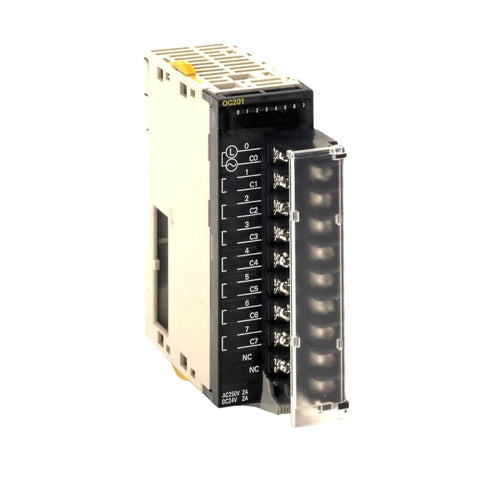 Omron CJ1W-OC201 8-point relay output unit with independent commons, supporting up to 250 VAC/24 VDC at 2 A per point for CJ/NJ series PLCs.