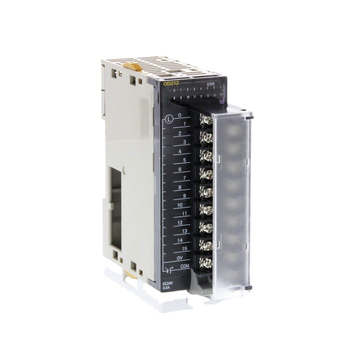 Omron CJ1W-OD211 16-point transistor output module, 12–24 VDC NPN outputs, enhancing CJ series PLCs with reliable digital output control.