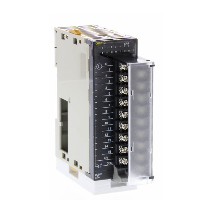 Omron CJ1W-OD212 digital output module with 16 PNP transistor outputs, 24 VDC, 0.5 A per channel, and screw terminals for CJ-series PLCs.