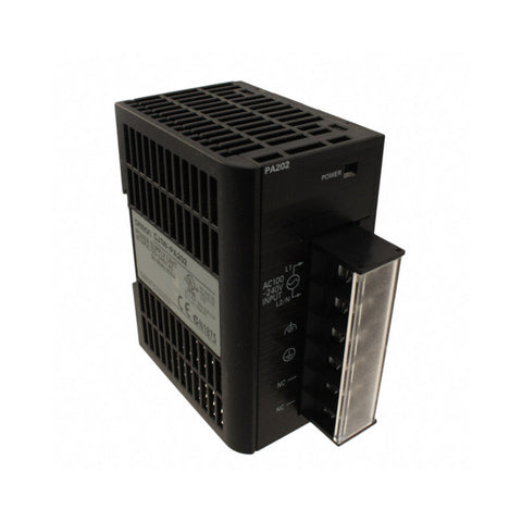 Omron CJ1W-PA202 power supply module with 100-240 VAC input, 5 VDC/2.8 A and 24 VDC/0.4 A outputs, totaling 14 W, for CJ-series PLCs.