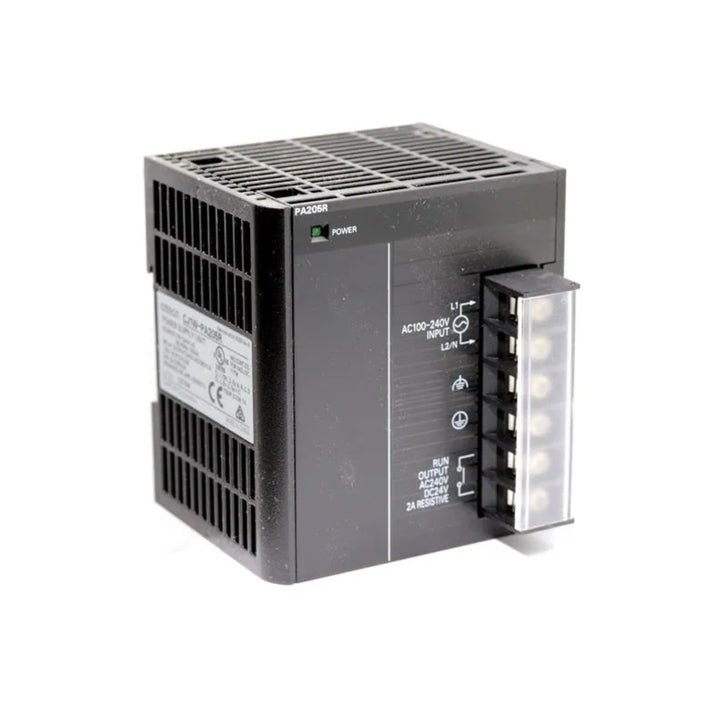 Omron CJ1W-PA205R power supply unit, 100–240V AC input, 5V/5A output with RUN relay, for CJ1 and CJ2 PLC systems. DIN rail mount.