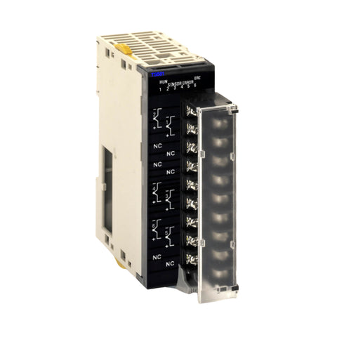 Omron CJ1W-TS561 6-channel thermocouple input unit supporting J and K types with 0.1°C resolution for CJ-series PLCs.