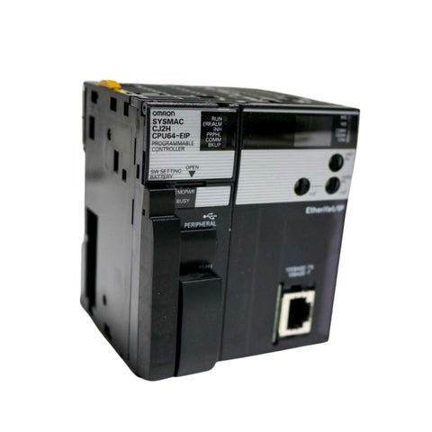 Omron CJ2H-CPU64-EIP PLC with 50K steps program capacity, 160K words data memory, built-in EtherNet/IP, RS-232C, and USB ports for industrial automation.