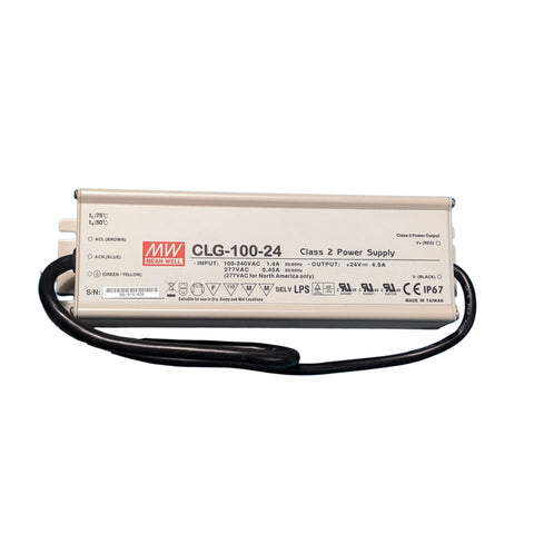 Mean Well CLG-100-24 LED driver, 100 W, 24 V DC, IP67 waterproof design for outdoor and industrial lighting.