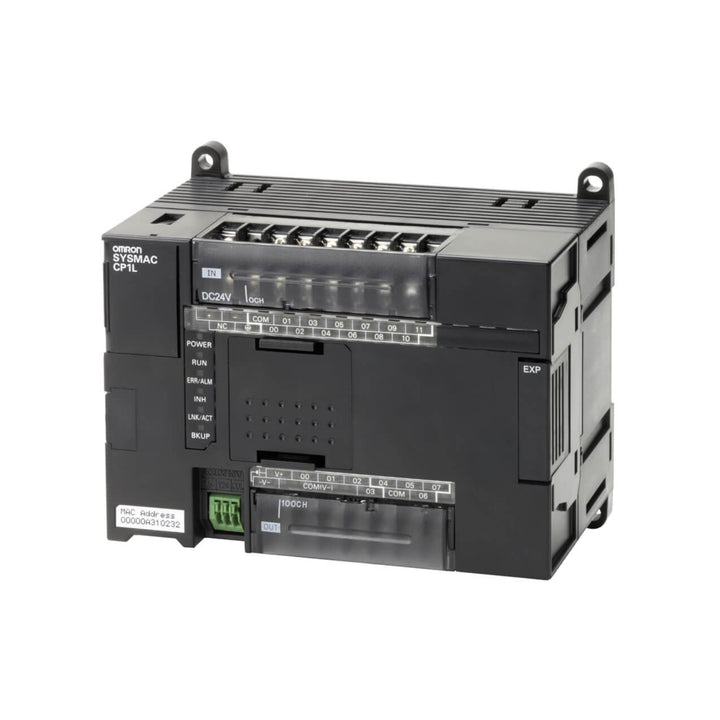 Omron CP1L-EL20DR-D compact PLC with 12 inputs, 8 relay outputs, built-in Ethernet, and expansion capabilities for automation systems.